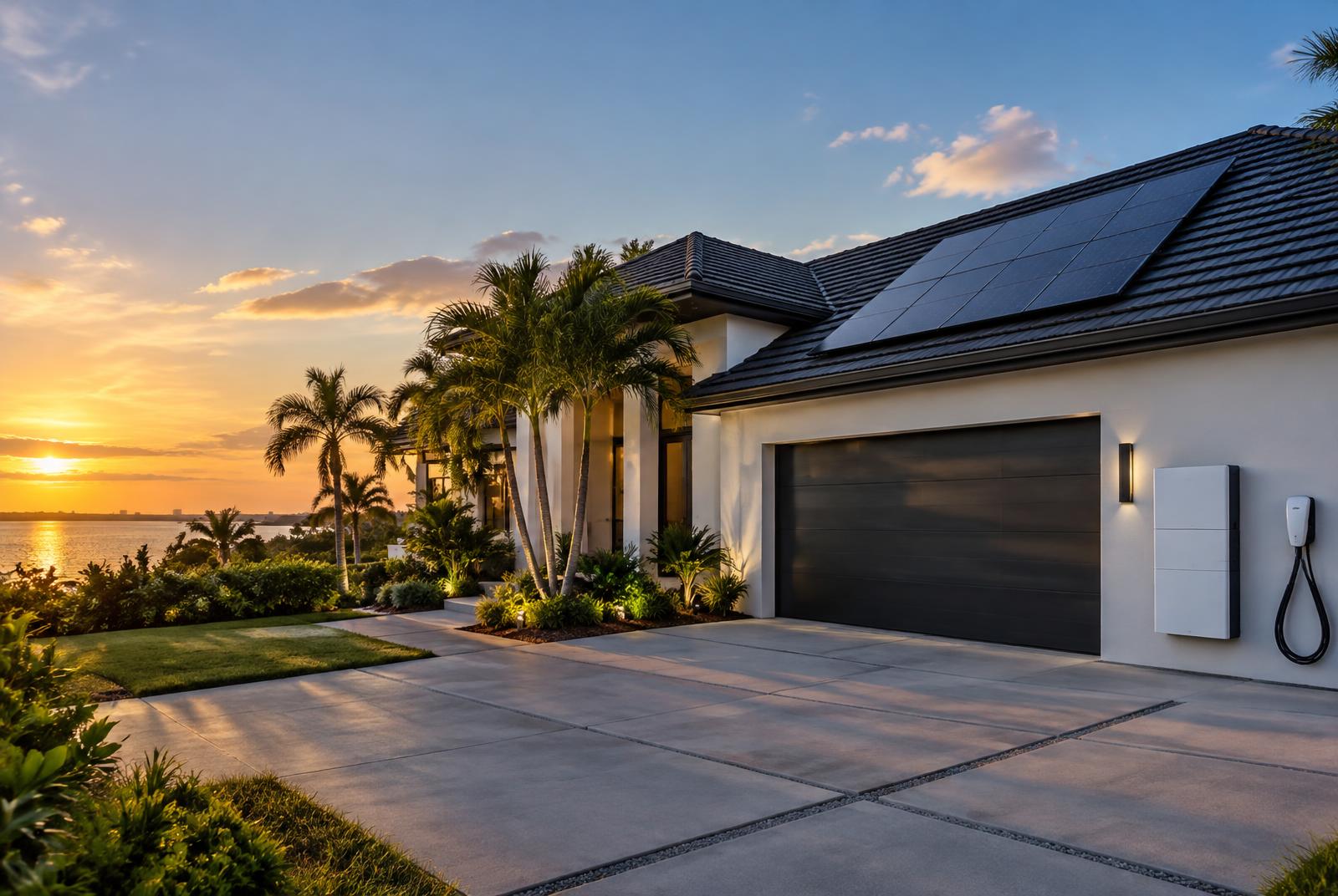 Modern Florida home with rooftop solar, battery storage, and EV charging